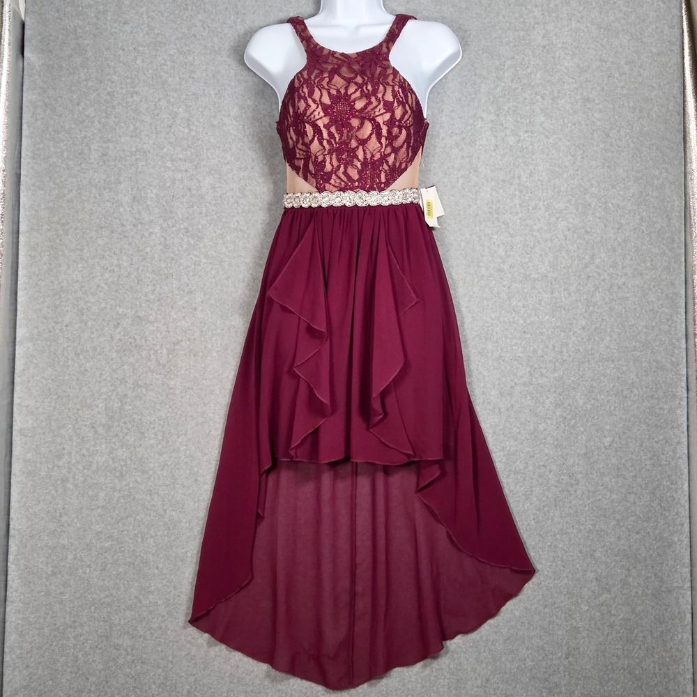 Jodi Kristopher NEW Junior 3‎ High Low Lace Formal Dress Burgundy Illusion Waist - Picture 2 of 7